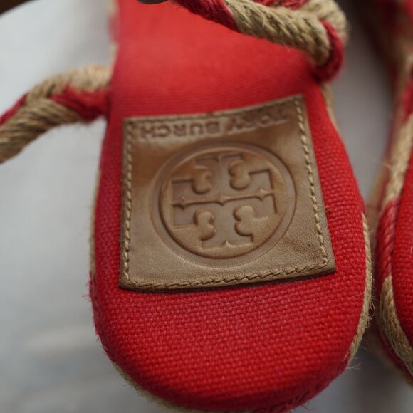 Tory Burch Red Camelia Jute Espadrille‎ Wedge Sandals Size 9.5 - Picture 5 of 8